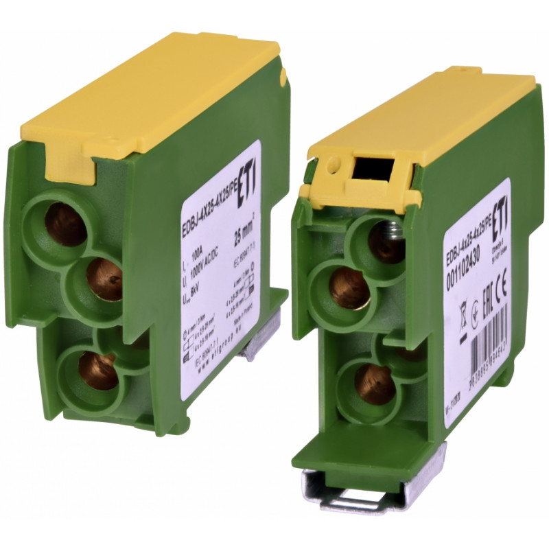Блок розподільчий EDBJ-4x25-4x25/PE (100A, 1000V AC/1500V DC, IN: 4x25, OUT: 4x25, жовт.-зел.)