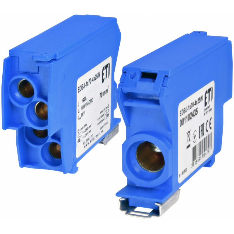 Блок розподільчий EDBJ-1x70-4x25/N (192A, 1000V AC/1500V DC, IN: 1x70, OUT: 4x25, синій)
