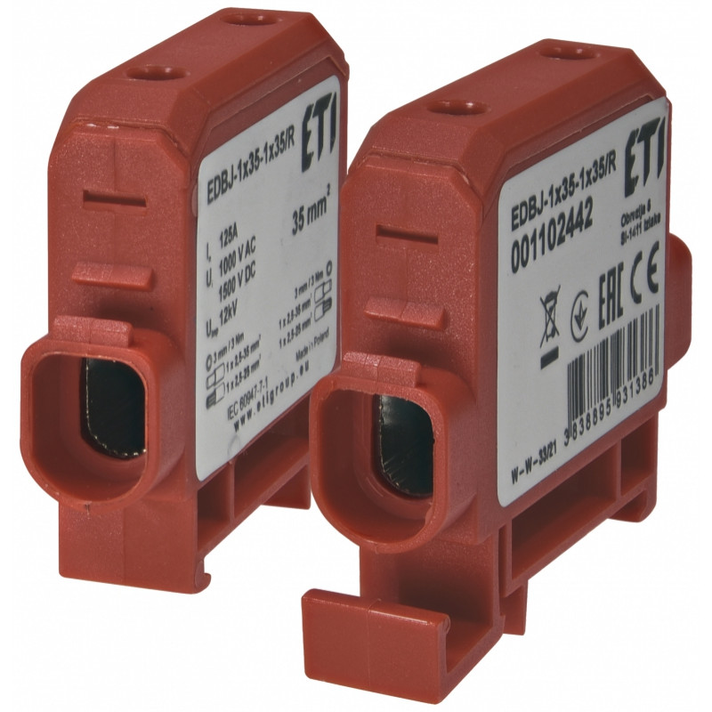 Ввідна силова клема EDBJ-1x35-1x35/R (125A, 1000V AC/1500V DC, IN: 1x35, OUT: 1x35, червона)