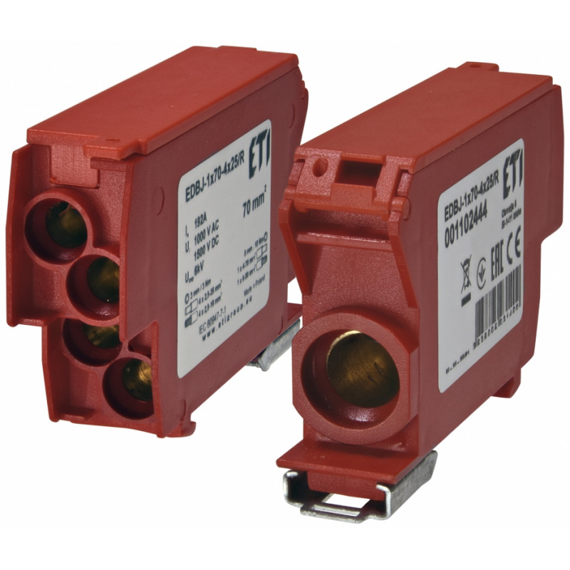 Блок розподільчий EDBJ-1x70-4x25/R (192A, 1000V AC/1500V DC, IN: 1x70, OUT: 4x25, червоний)