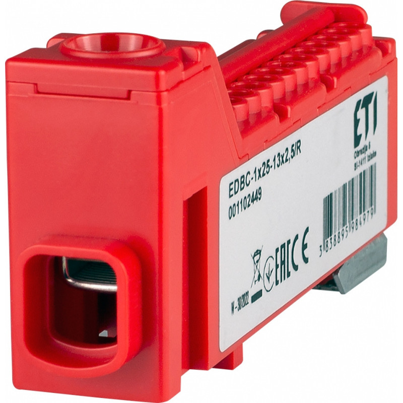 Блок розподільчий EDBC-1x25-13x2,5/R (63A, 1000V AC/1500V DC, IN: 1x25, OUT: 13x2,5; червоний)
