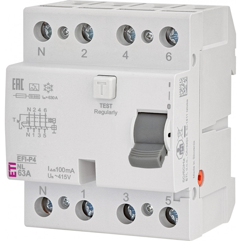 Реле диференційне (ПЗВ) 4р EFI-P4 63/0,1 NL тип A (10kA) (полюс N зліва)