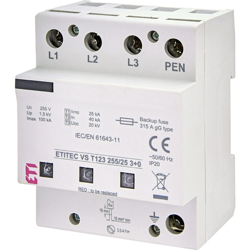 Обмежувач перенапруги ETITEC VS T123 255/25 (3+0)