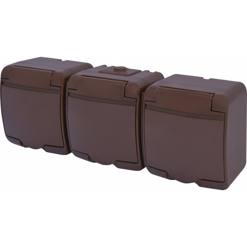 Розетка 3-на з з/к Schuko RHE-3s-KR (коричн./коричн. кришка, IP54)