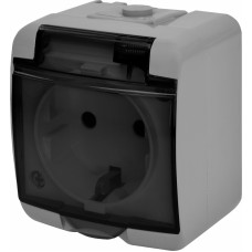 Розетка 1-на з з/к Schuko RHE-1sd-SR (сіра/прозора кришка, IP54)