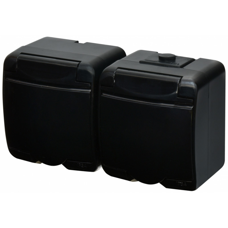 Розетка 2-на з з/к Schuko RHE-2s-BL (чорн./чорна кришка, IP54)