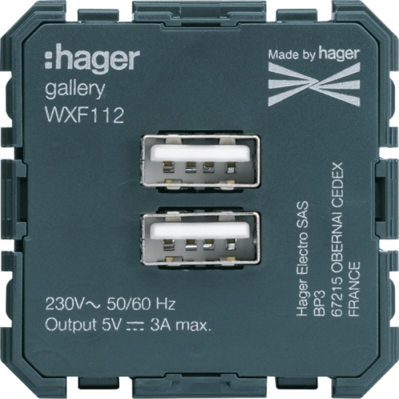 Розетка 2xUSB-A, 3А, Lumina/Gallery